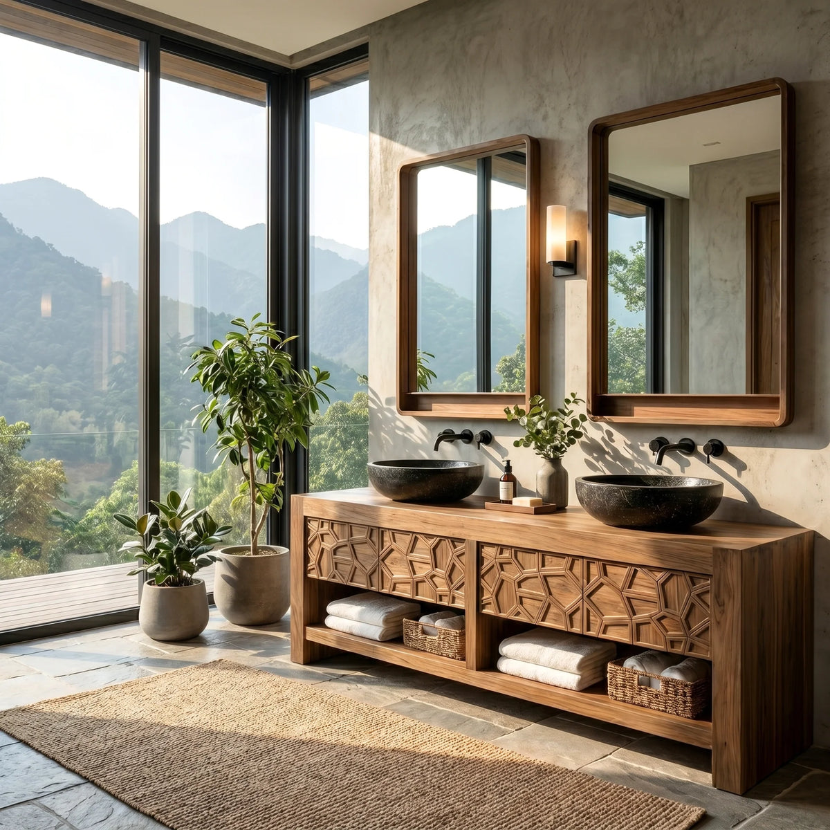 Modern Solid Wood Bathroom Vanity Cabinet with Geometric Carved Front Design