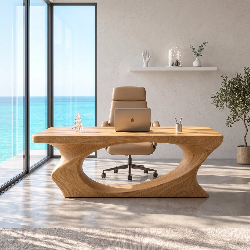 Solid Wood Executive Desk with Sculptural Loop Base