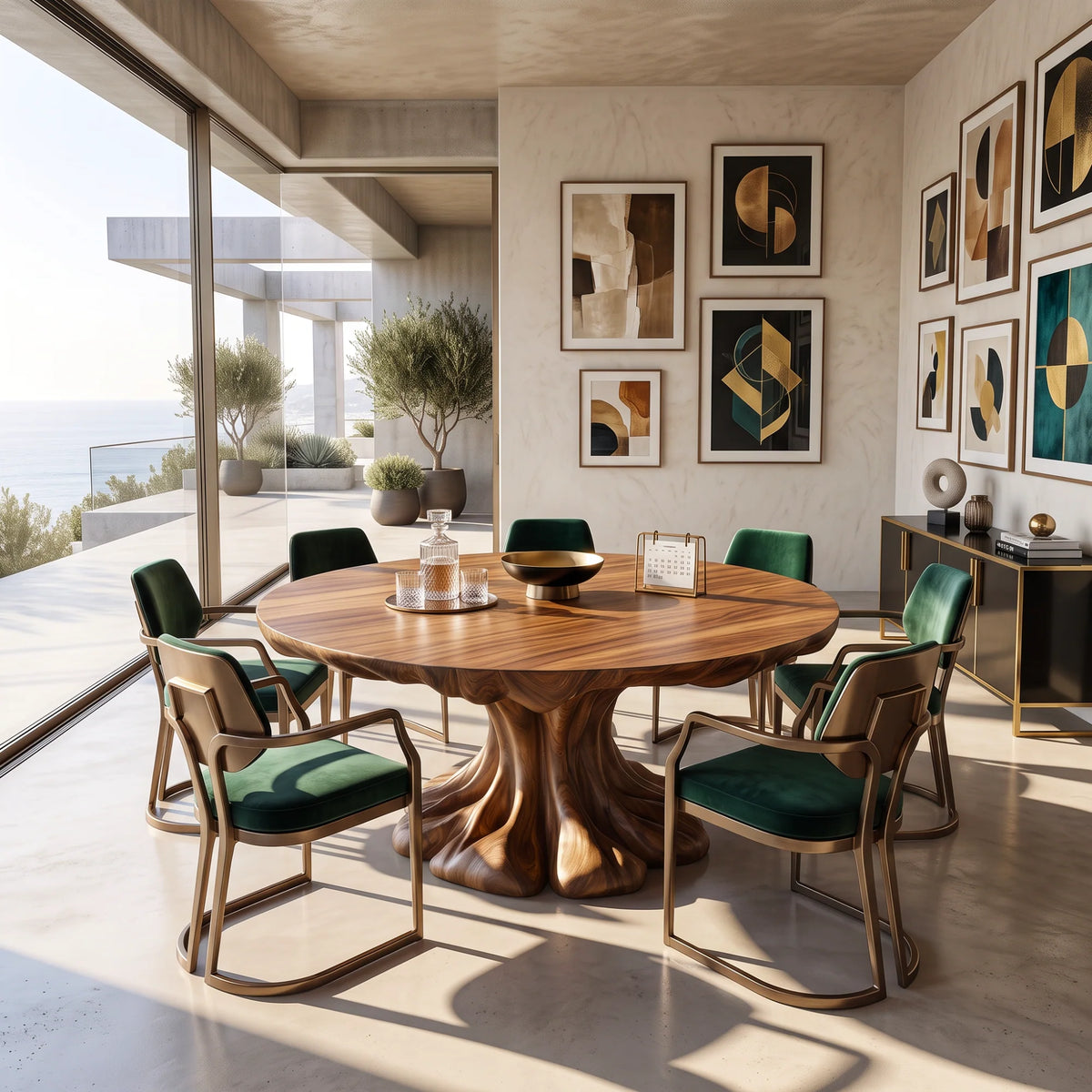 Organic Solid Wood Dining Table with Sculptural Flowing Pedestal Base
