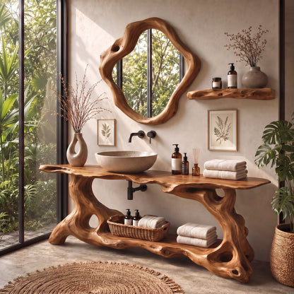 Solid Wood Bathroom Vanity with Sculptural Organic Root Base and Open Shelf Storage