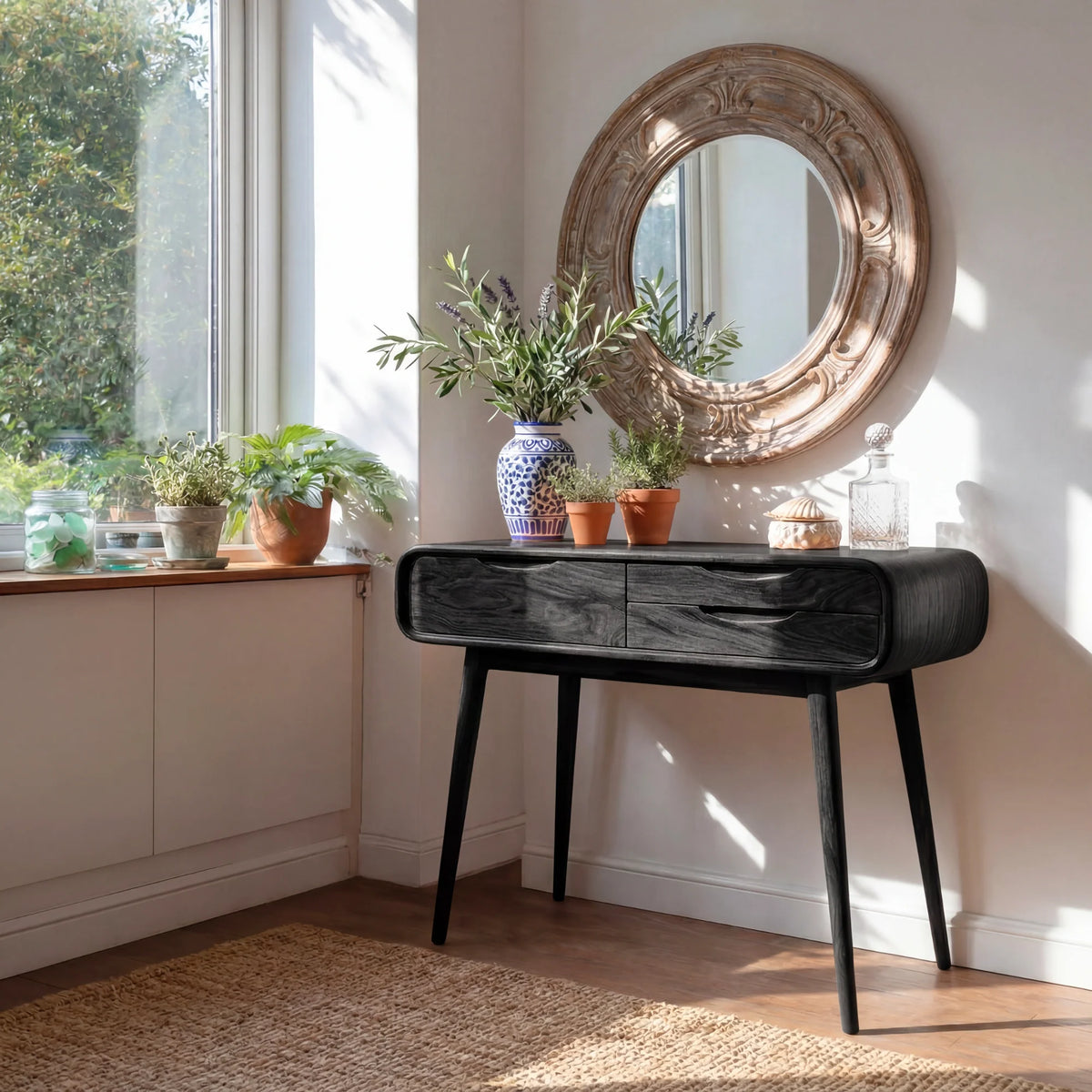 Modern Rounded Solid Wood Vanity Table with Storage Drawers