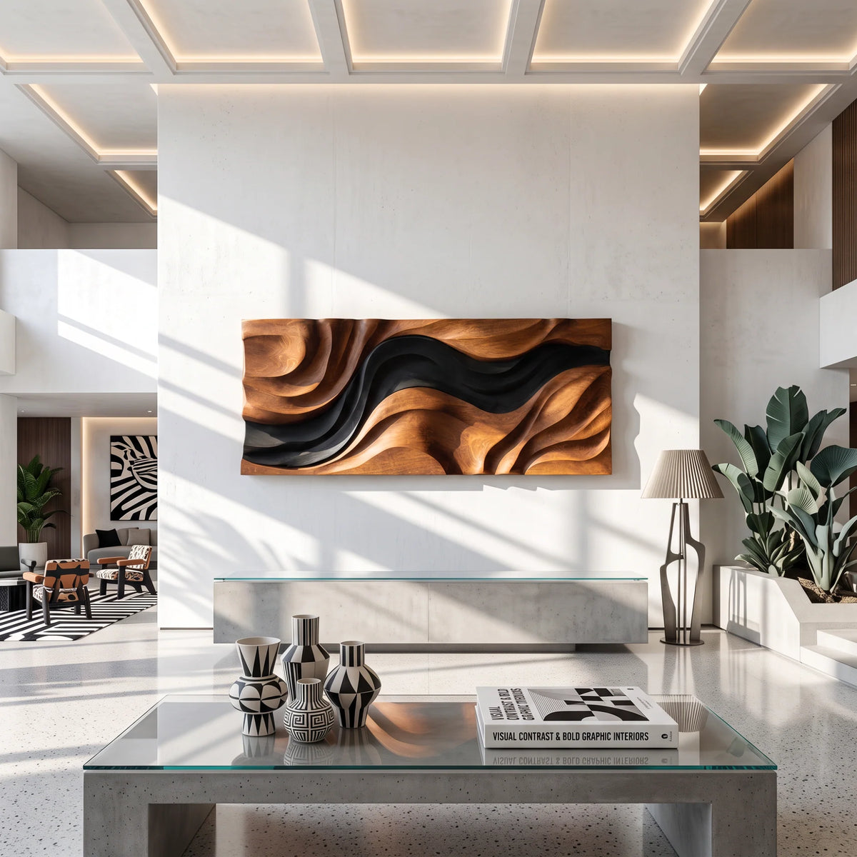 Abstract Wooden Wall Sculpture with Flowing Natural Wood and Black Layers