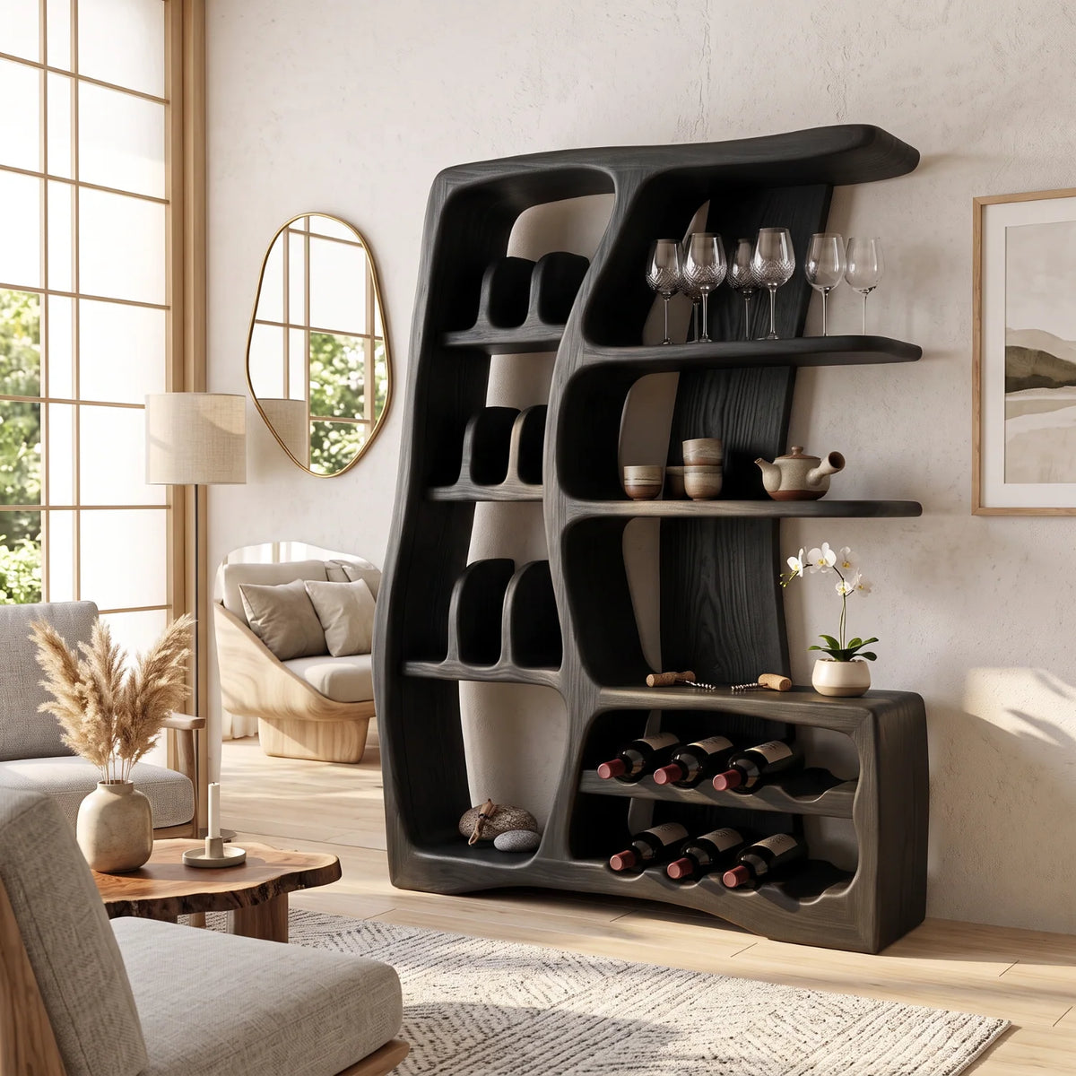 Solid Wood Wine Cabinet with Sculptural Open Shelves and Integrated Bottle Rack