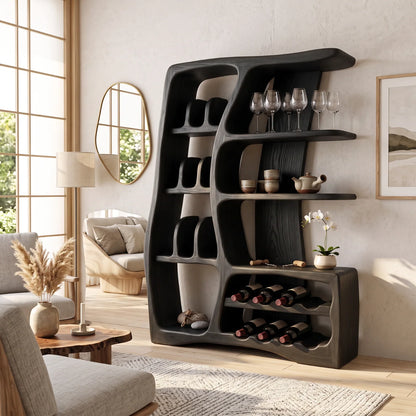 Solid Wood Wine Cabinet with Sculptural Open Shelves and Integrated Bottle Rack
