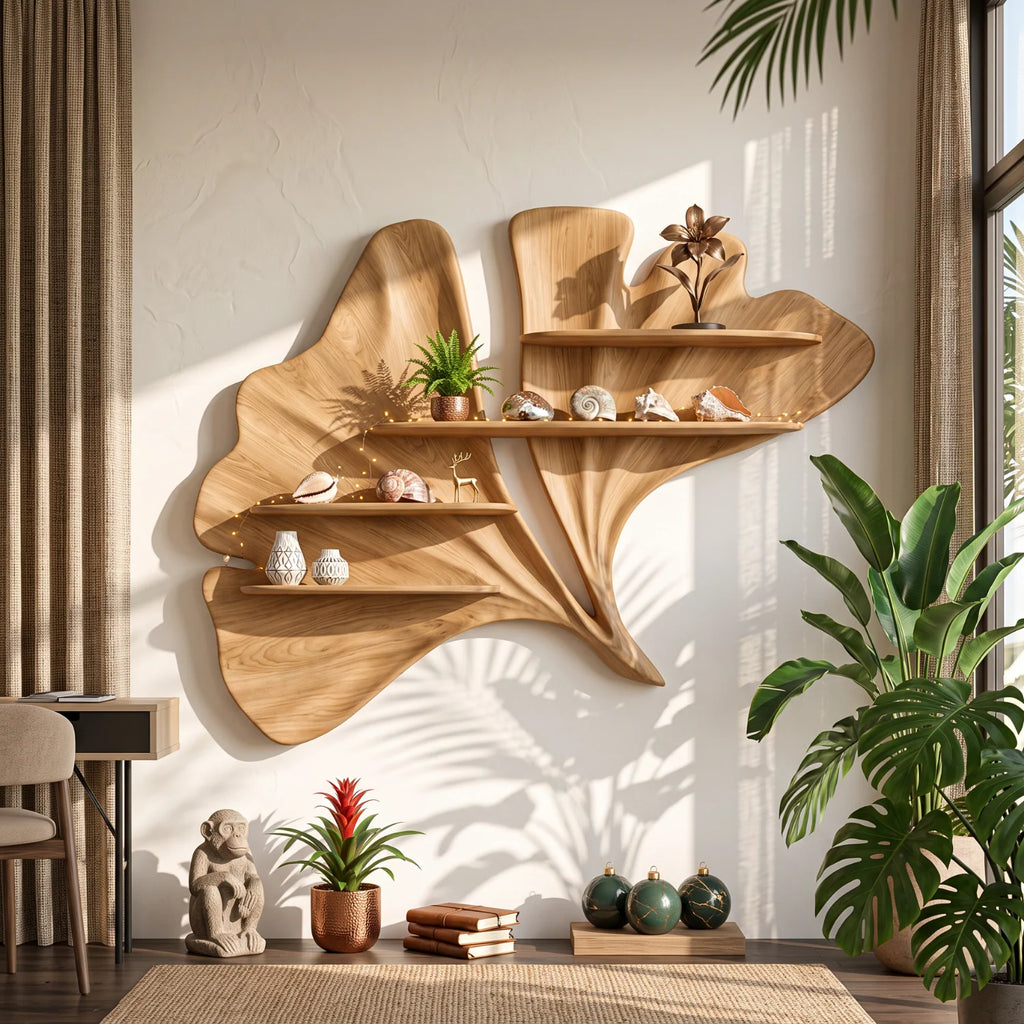Flowing Leaf Sculptural Solid Wood Wall Shelf