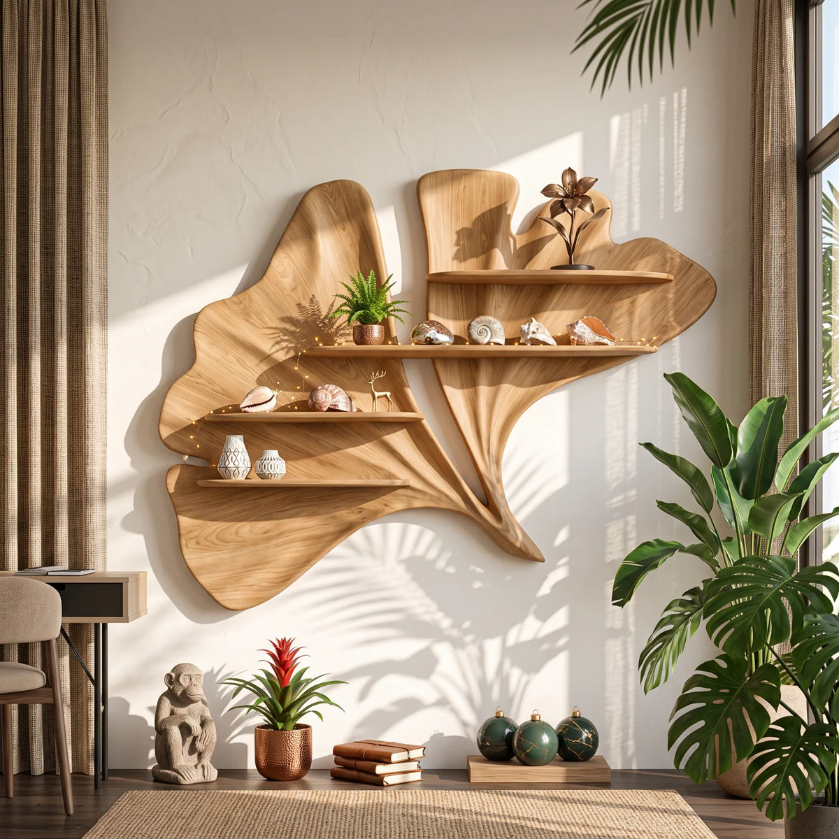 Flowing Leaf Sculptural Solid Wood Wall Shelf