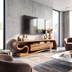 Sculptural Solid Wood TV Stand with S-Curve Frame and Wave-Grain Cabinet