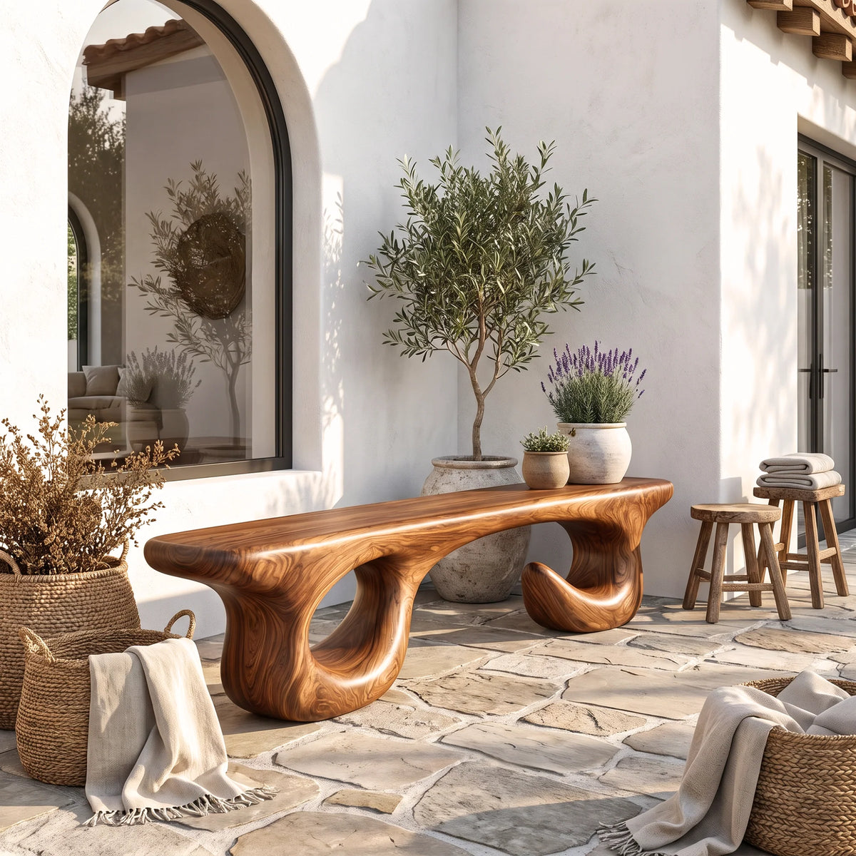 Sculptural Solid Wood Bench with Open Loop Base and Flowing Live Edge Seat