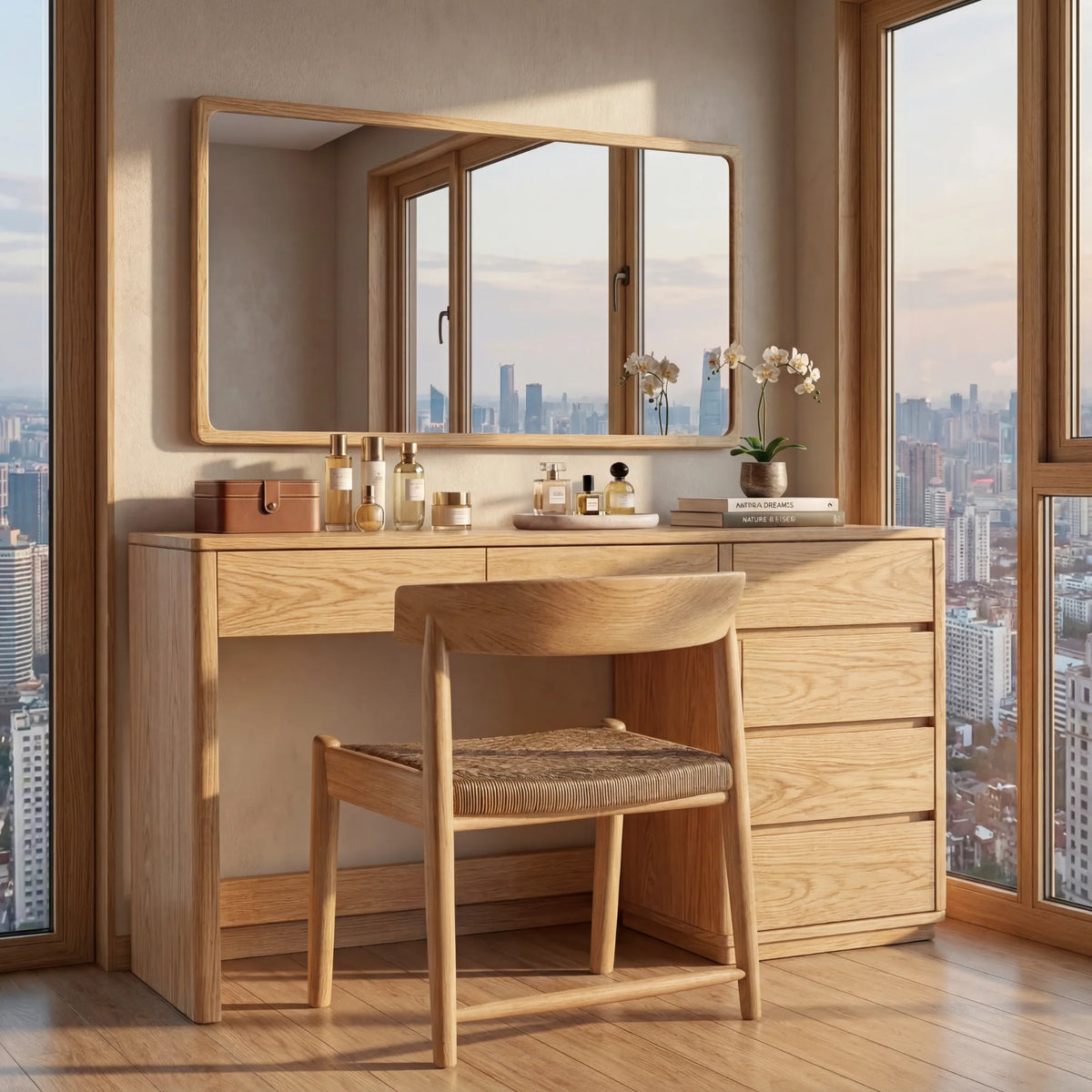Modern Solid Wood Vanity Table with Side Storage Drawers