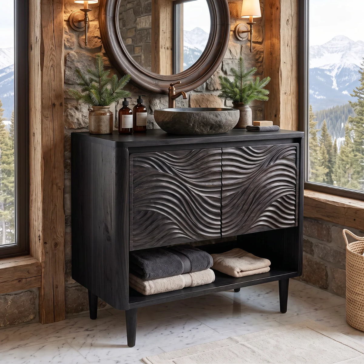 Solid Wood Bathroom Vanity with Carved Ripple Cabinet and Open Shelf for Powder Rooms