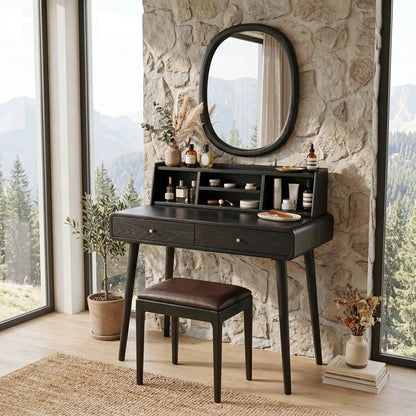 Handcrafted Solid Wood Vanity Desk with Open Organizer Shelf and Storage Drawer