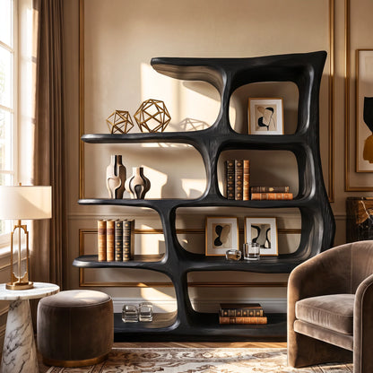 Freeform Elegance – Solid Wood Bookcase with Rounded Open Shelves and Sculptural Frame