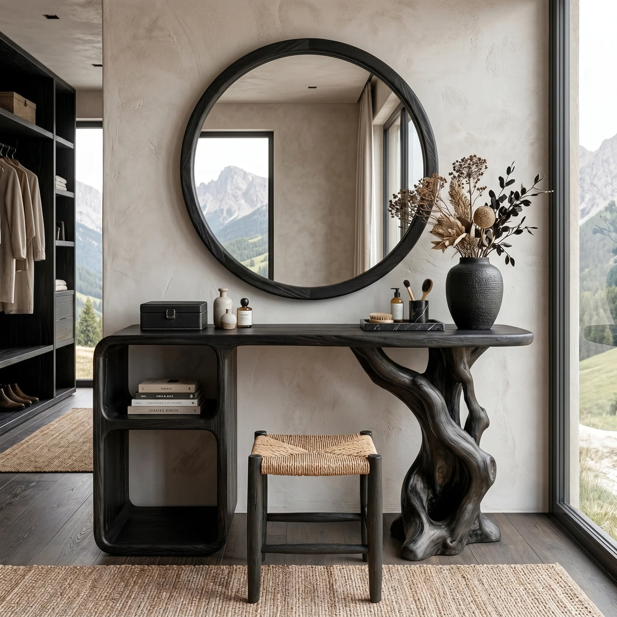 Sculptural Solid Wood Vanity Table with Organic Carved Base and Open Shelf