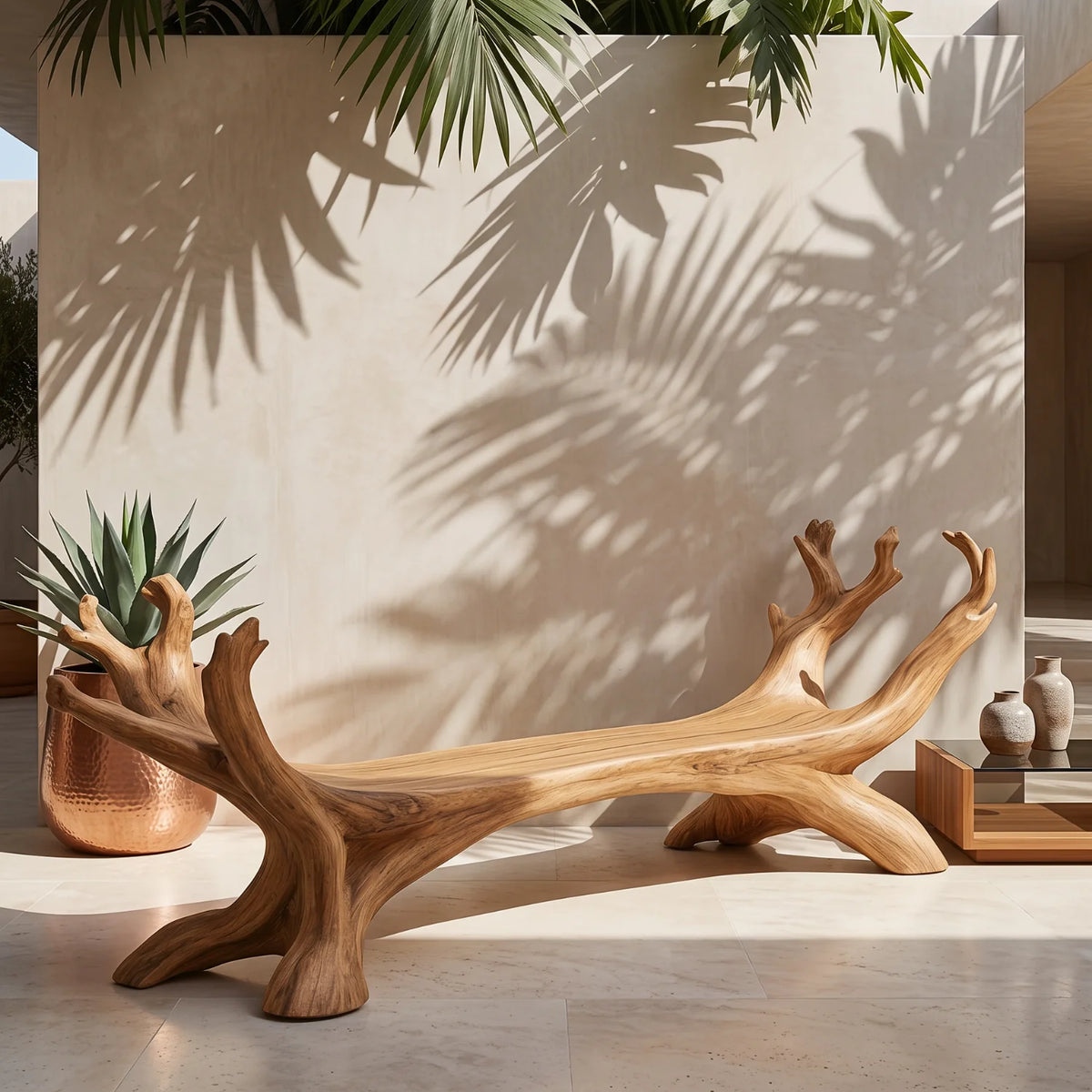 Branch Harmony – Sculptural Solid Wood Garden Bench with Branch-Inspired Frame