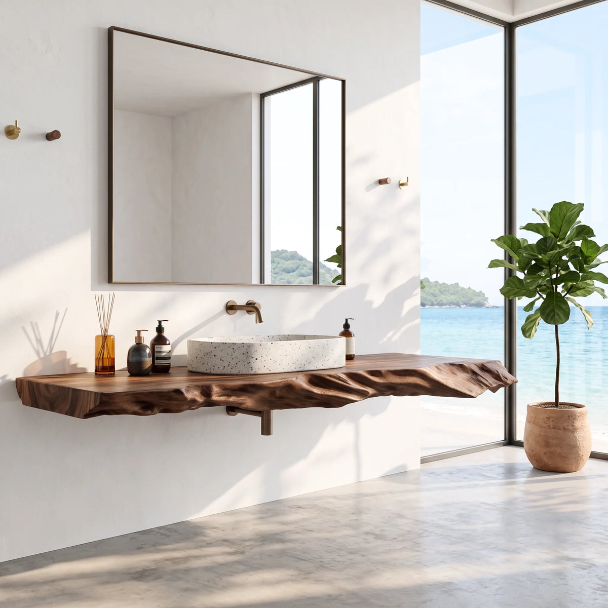 Solid Wood Floating Bathroom Vanity Shelf with Sculptural Live Edge – Modern Organic Wall Shelf