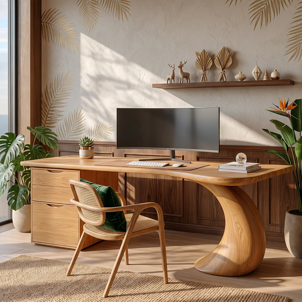 Organic Solid Wood Desk with Curved Leg and Two Drawers