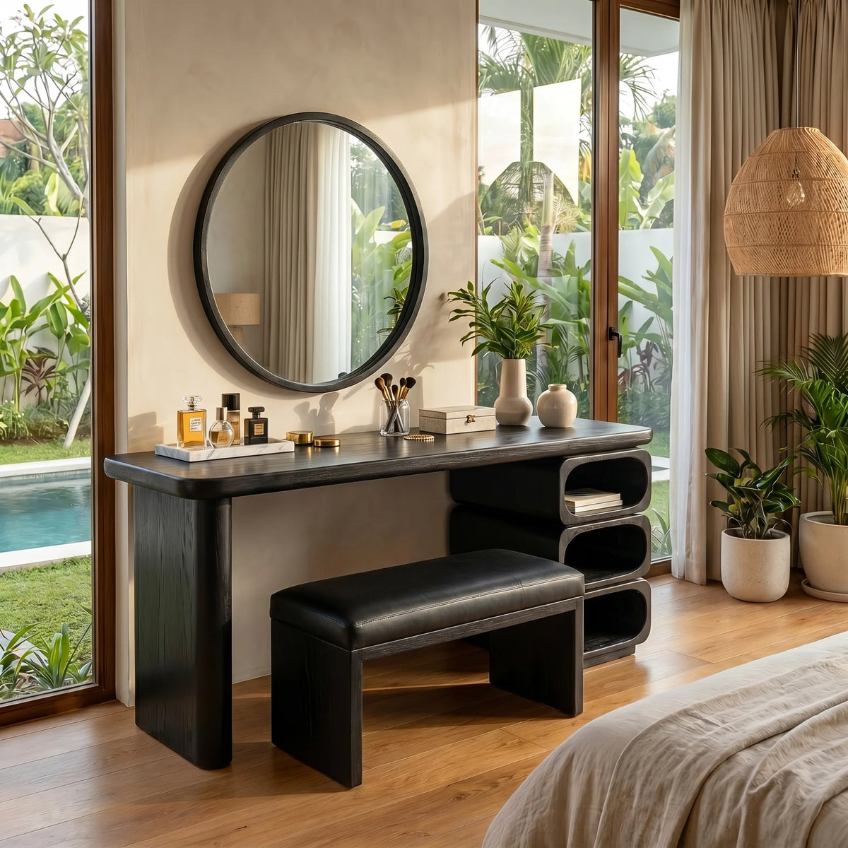 Modern Solid Wood Vanity Table with Rounded Open Shelf and Panel Legs