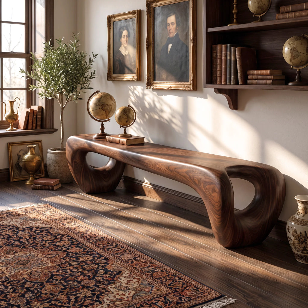 Sculptural Solid Wood Bench with Loop Legs and Flowing Live Edge Seat