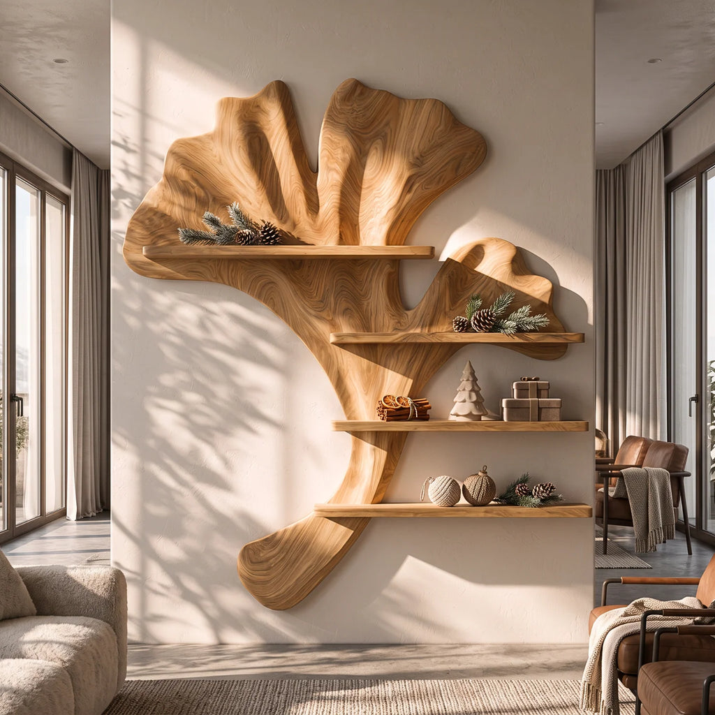 Ginkgo Leaf Solid Wood Sculptural Wall Shelf