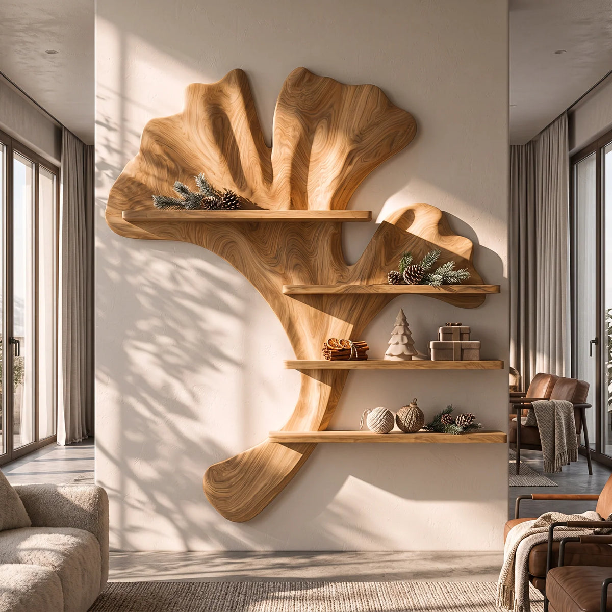Ginkgo Leaf Solid Wood Sculptural Wall Shelf