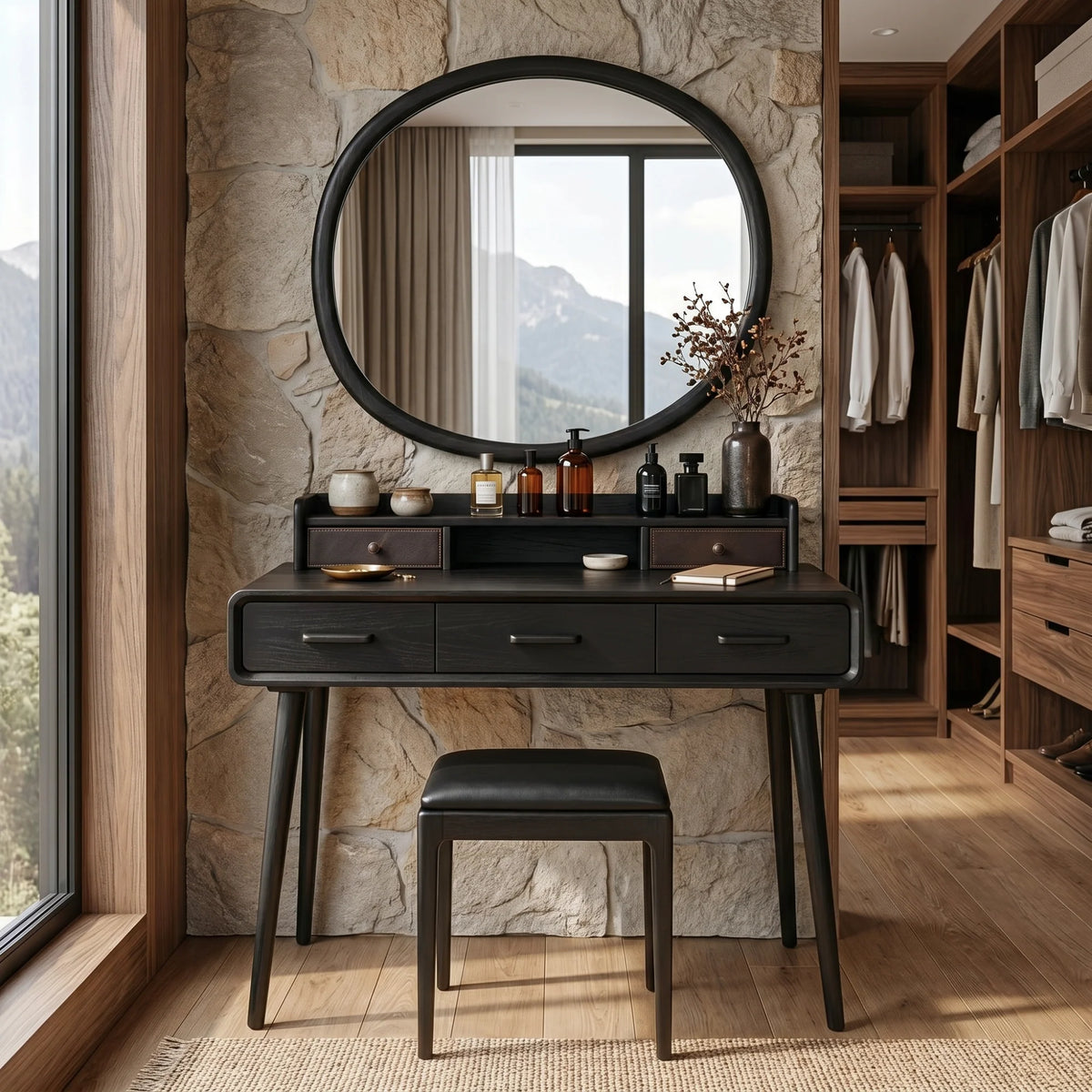 Solid Wood Makeup Vanity Table with Organizer Hutch and Spacious Storage Drawers