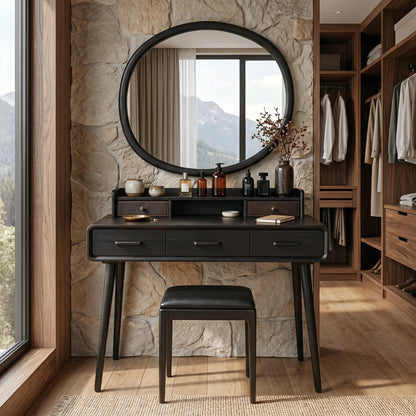Solid Wood Makeup Vanity Table with Organizer Hutch and Spacious Storage Drawers
