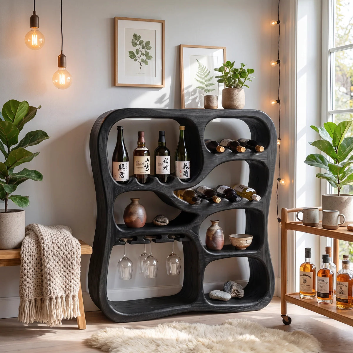 Solid Wood Wine Cabinet with Organic Display Niches and Stemware Rack