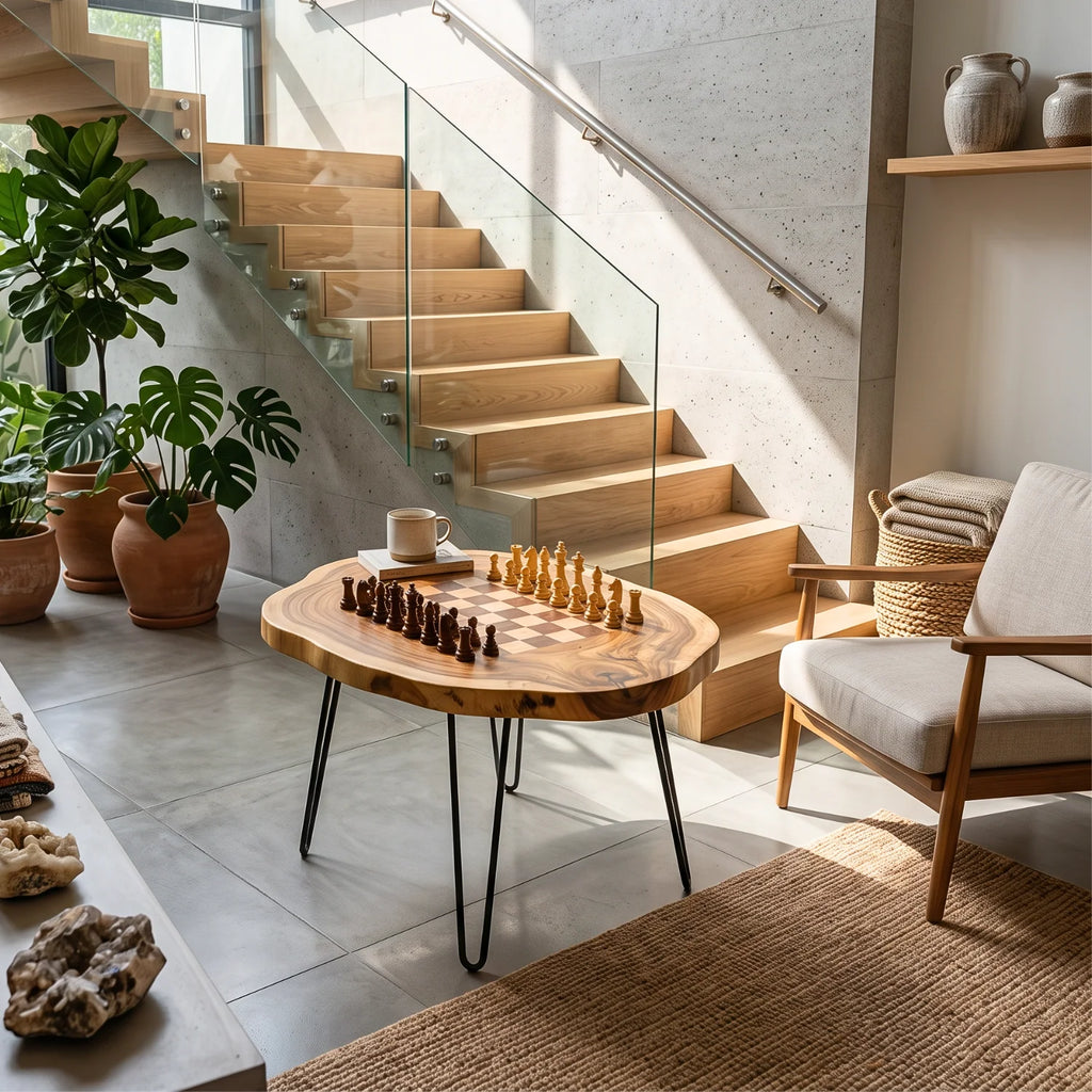 Organic Slab Top Chess Coffee Table with Hairpin Legs