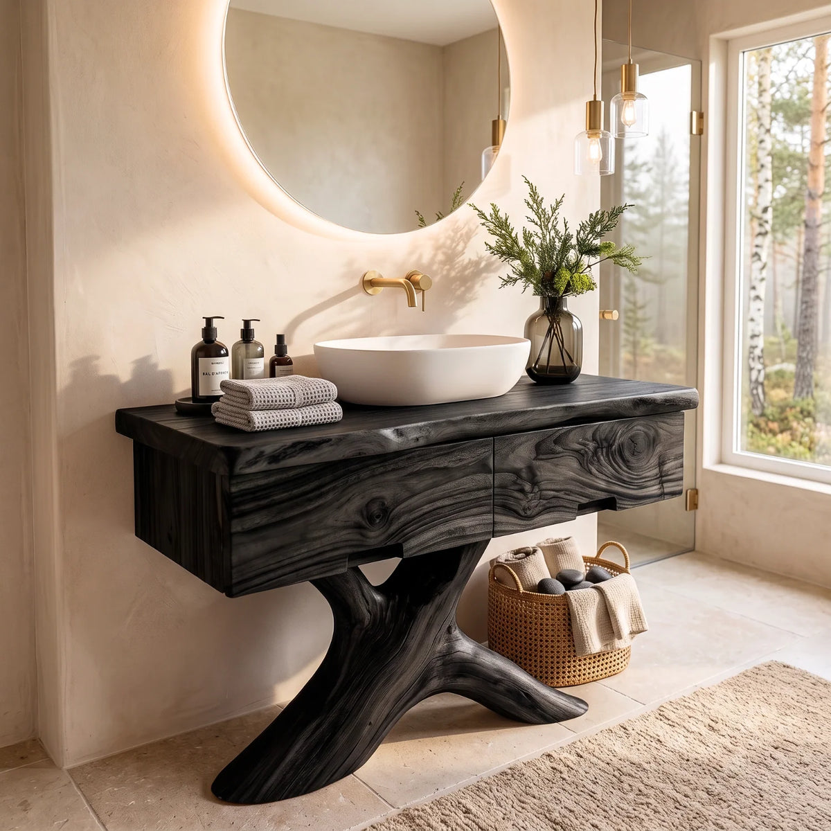 Solid Wood Bathroom Vanity with Sculptural Root Pedestal and Drawer Storage
