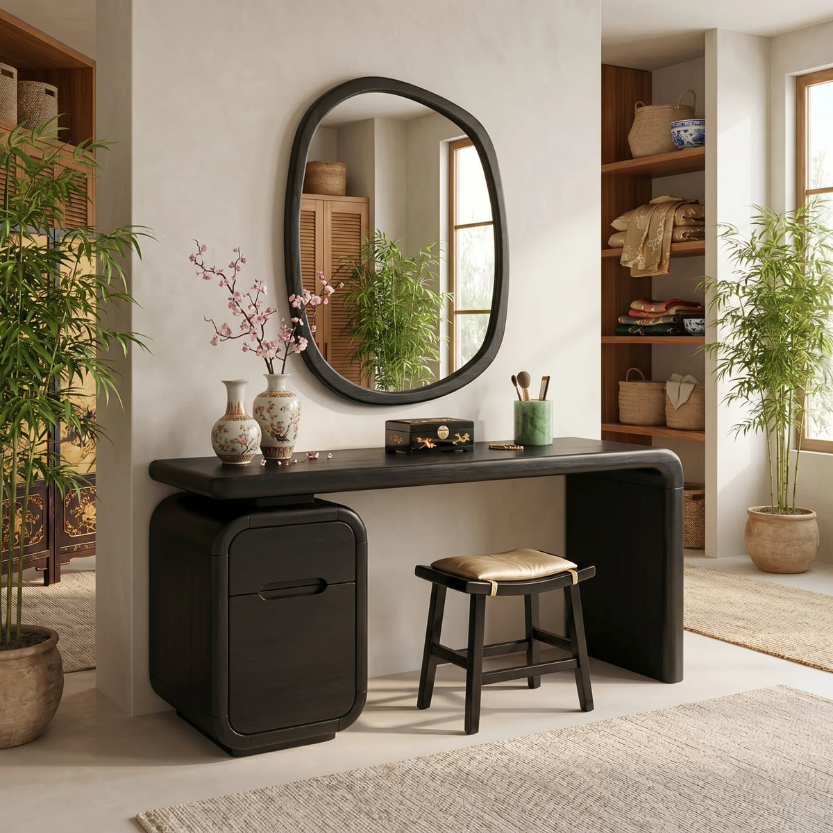 Modern Solid Wood Vanity Desk with Rounded Pedestal and Waterfall Side Design