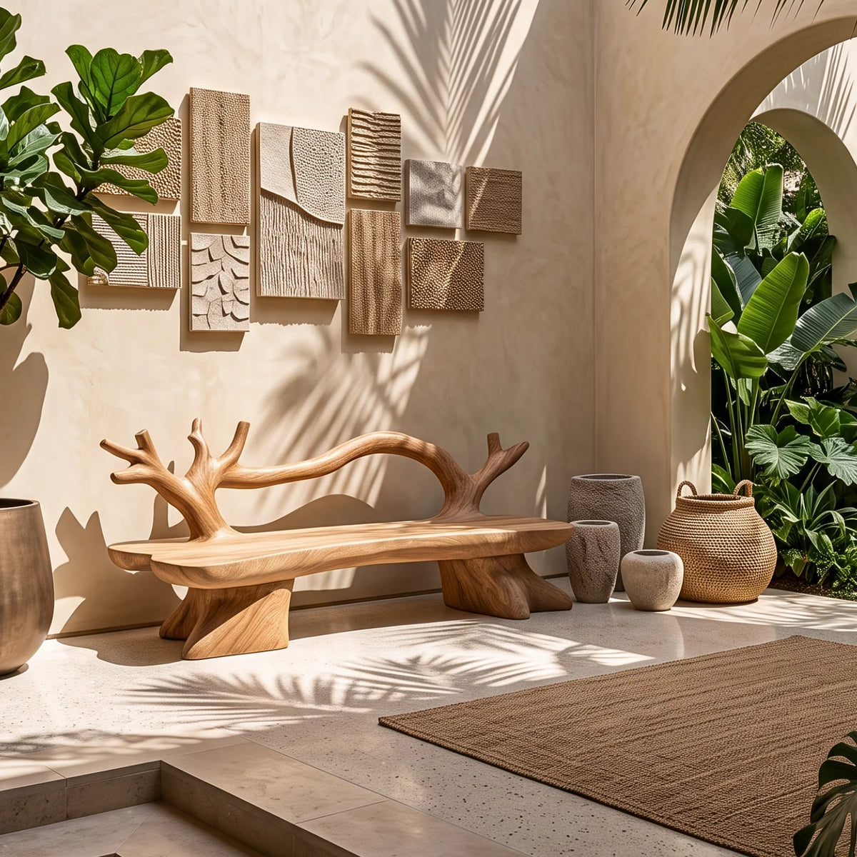 Organic Solid Wood Garden Bench with Sculptural Loop Backrest