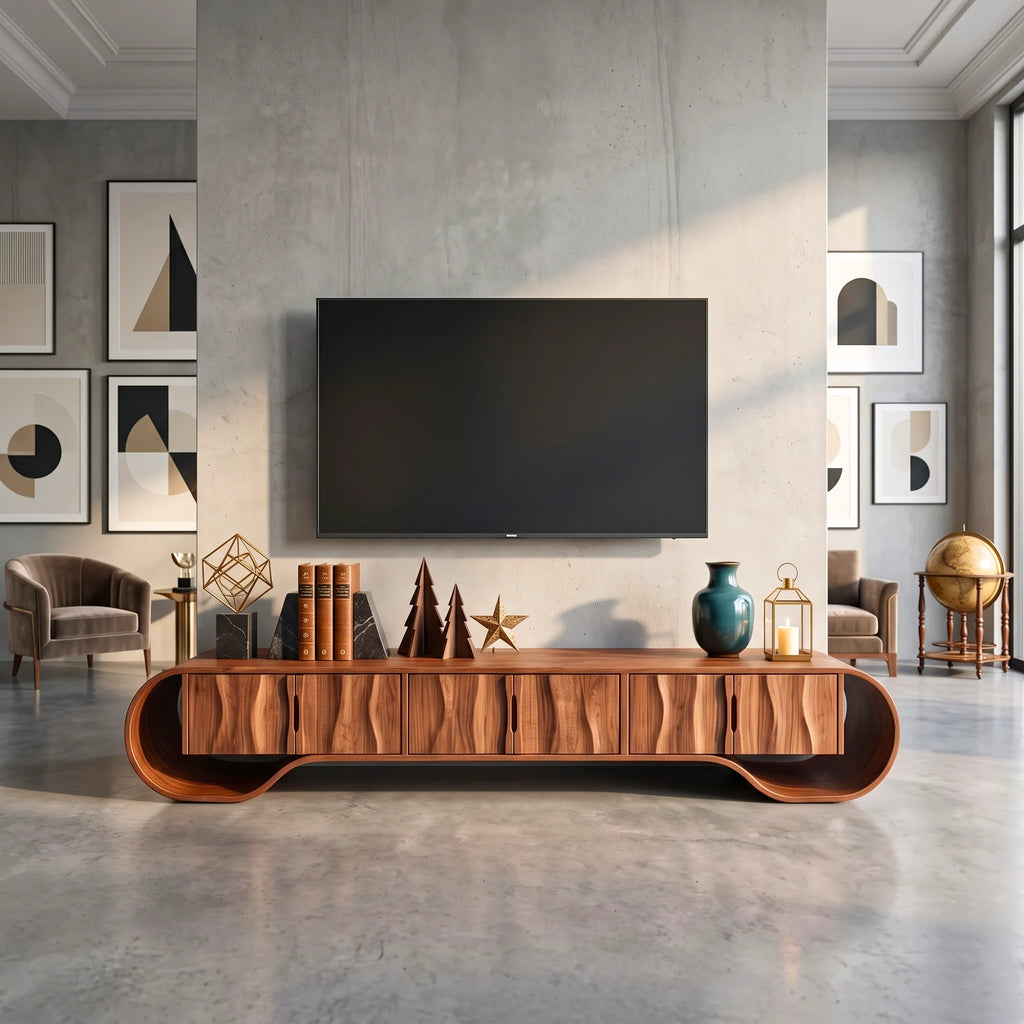 Sculptural Solid Wood TV Stand with Oval Frame and Natural-Grain Doors