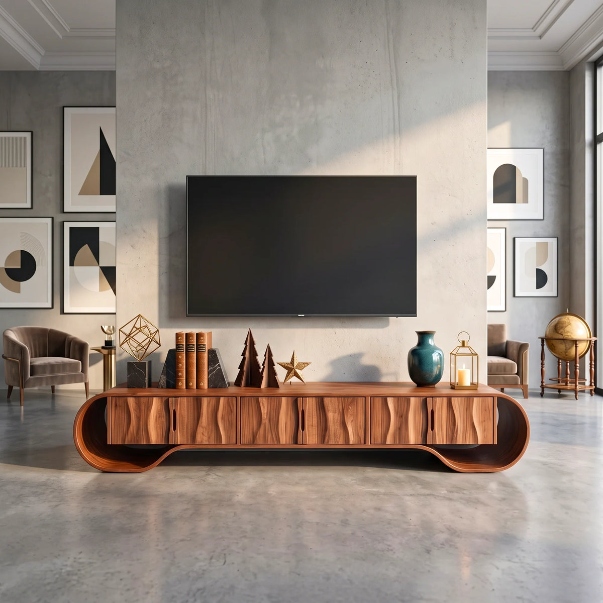 Sculptural Solid Wood TV Stand with Oval Frame and Natural-Grain Doors