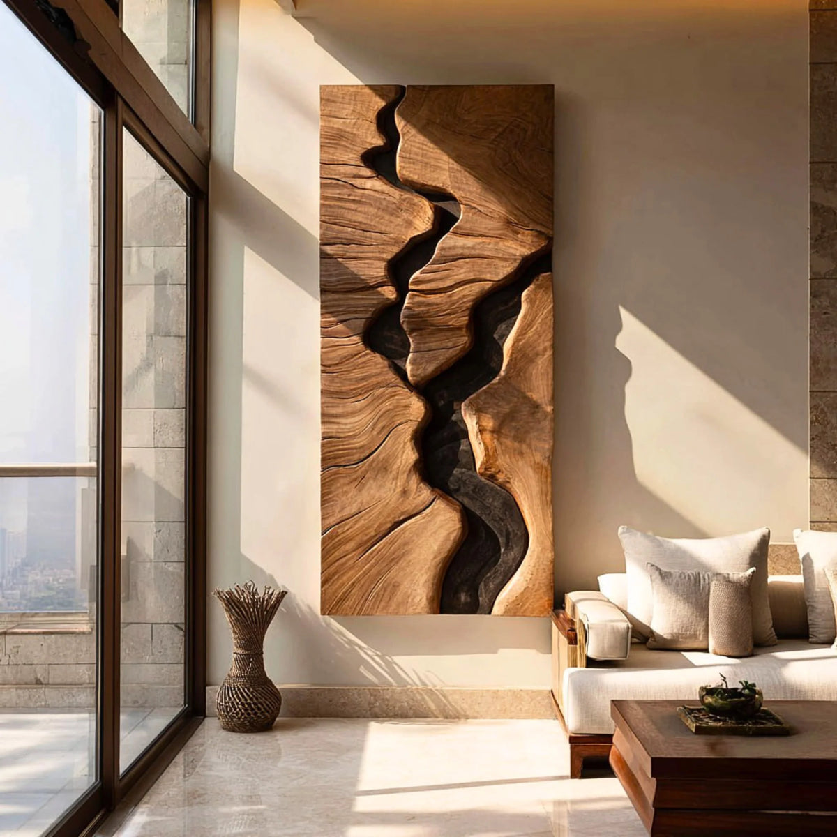 River Canyon Solid Wood Wall Sculpture – Vertical Organic Modern Abstract Art Panel