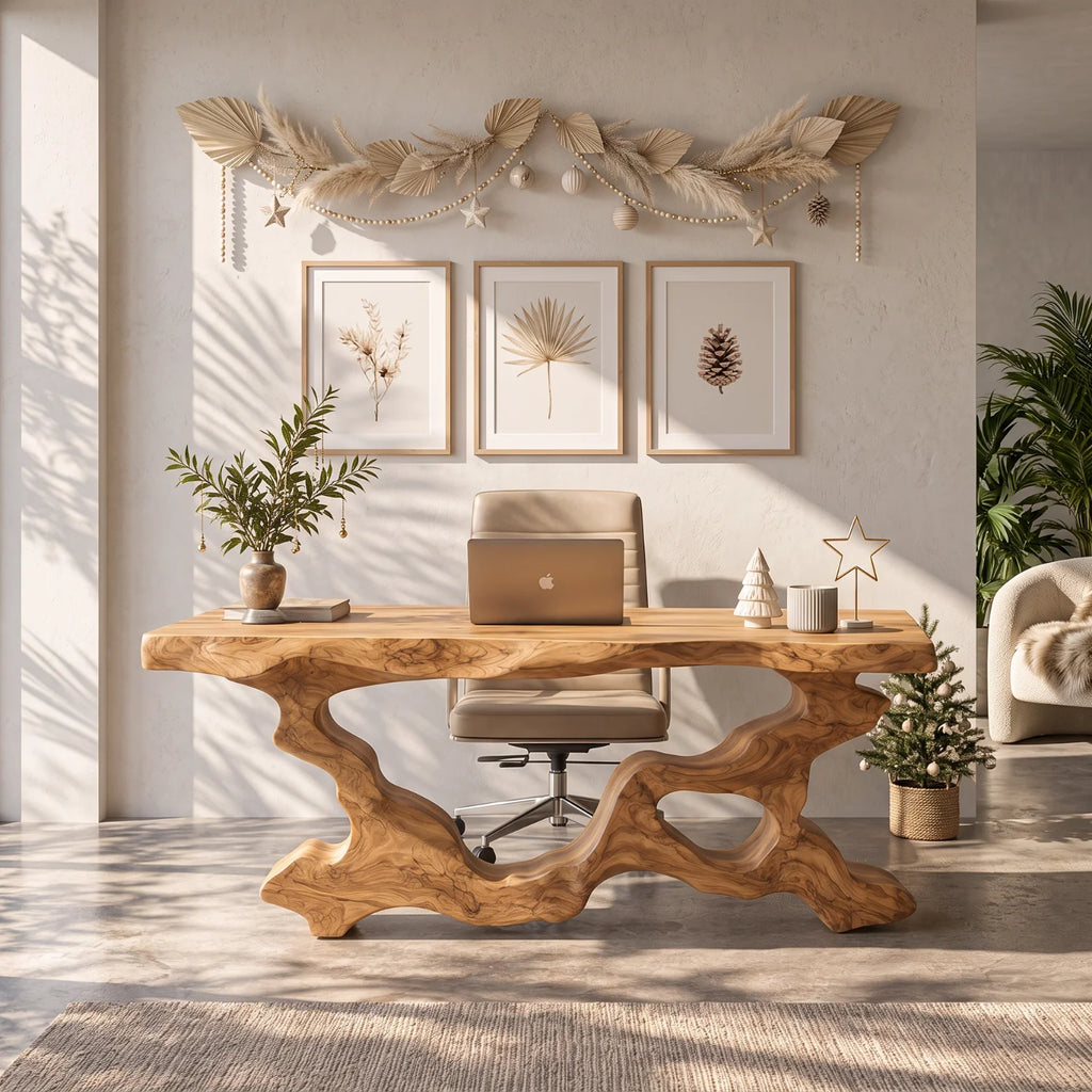 Live Edge Solid Wood Executive Desk with Sculptural Root-Style Frame – Luxury Office Furniture