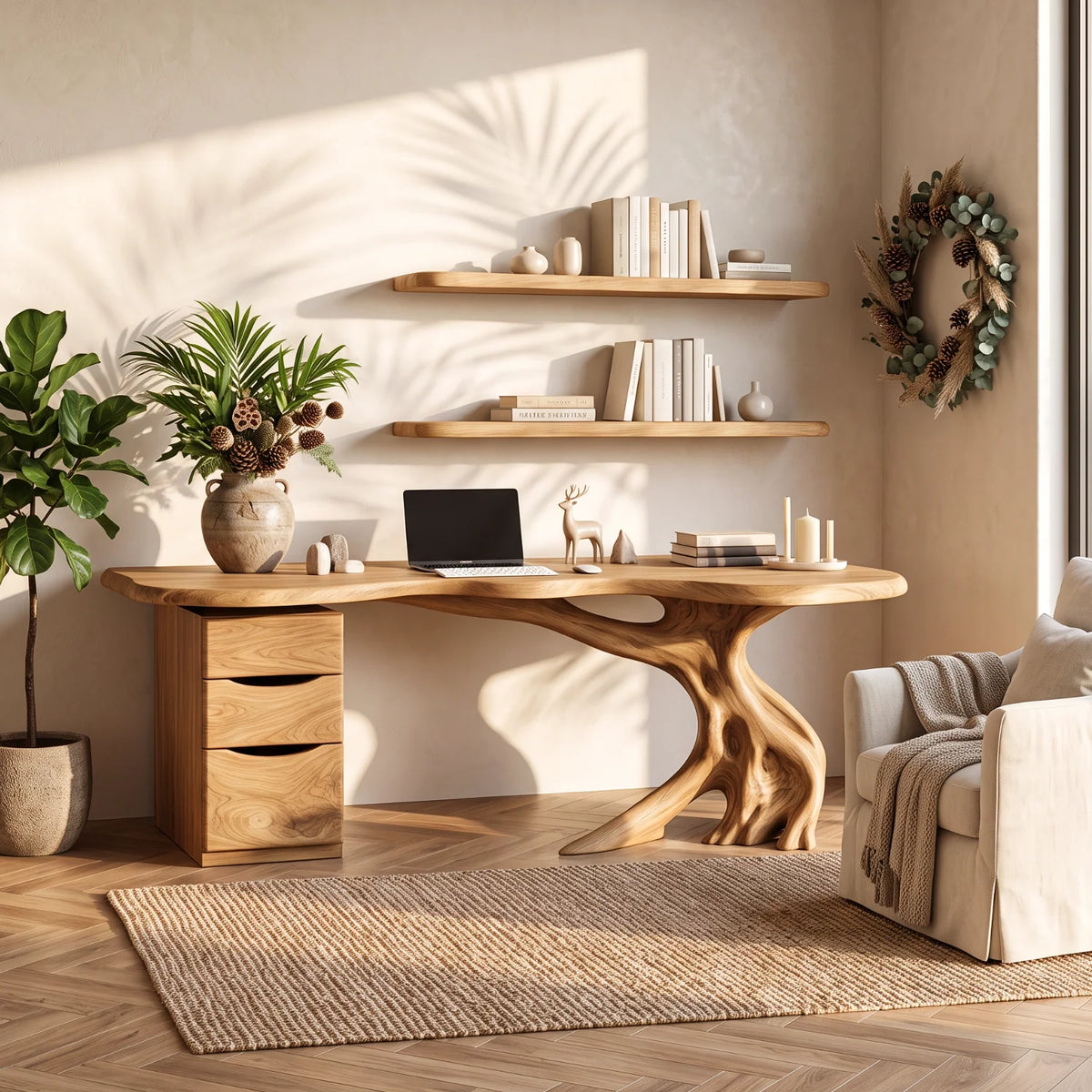 Live Edge Solid Wood Desk with Tree Base