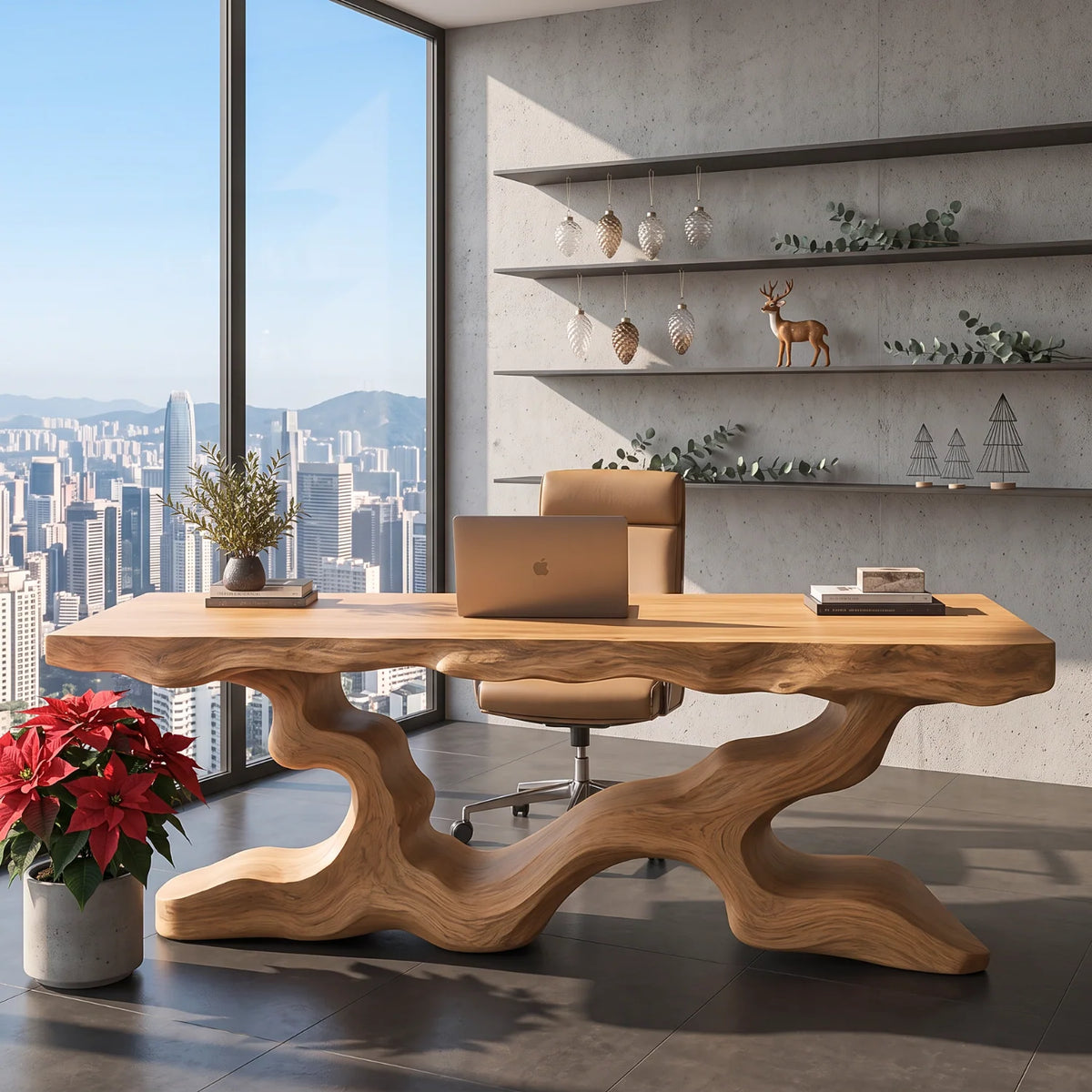 Live Edge Solid Wood Executive Desk with Branch Base