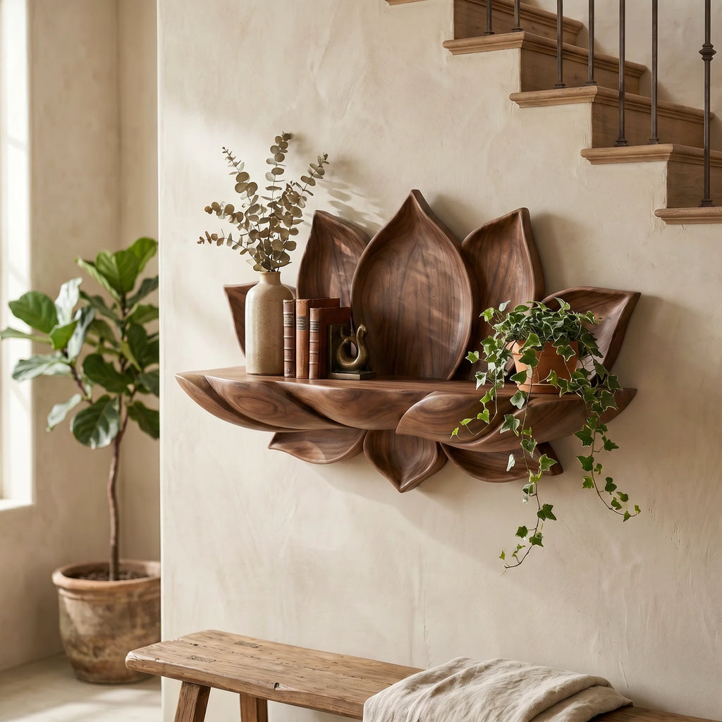 Handcrafted Lotus Petal Solid Wood Wall Shelf