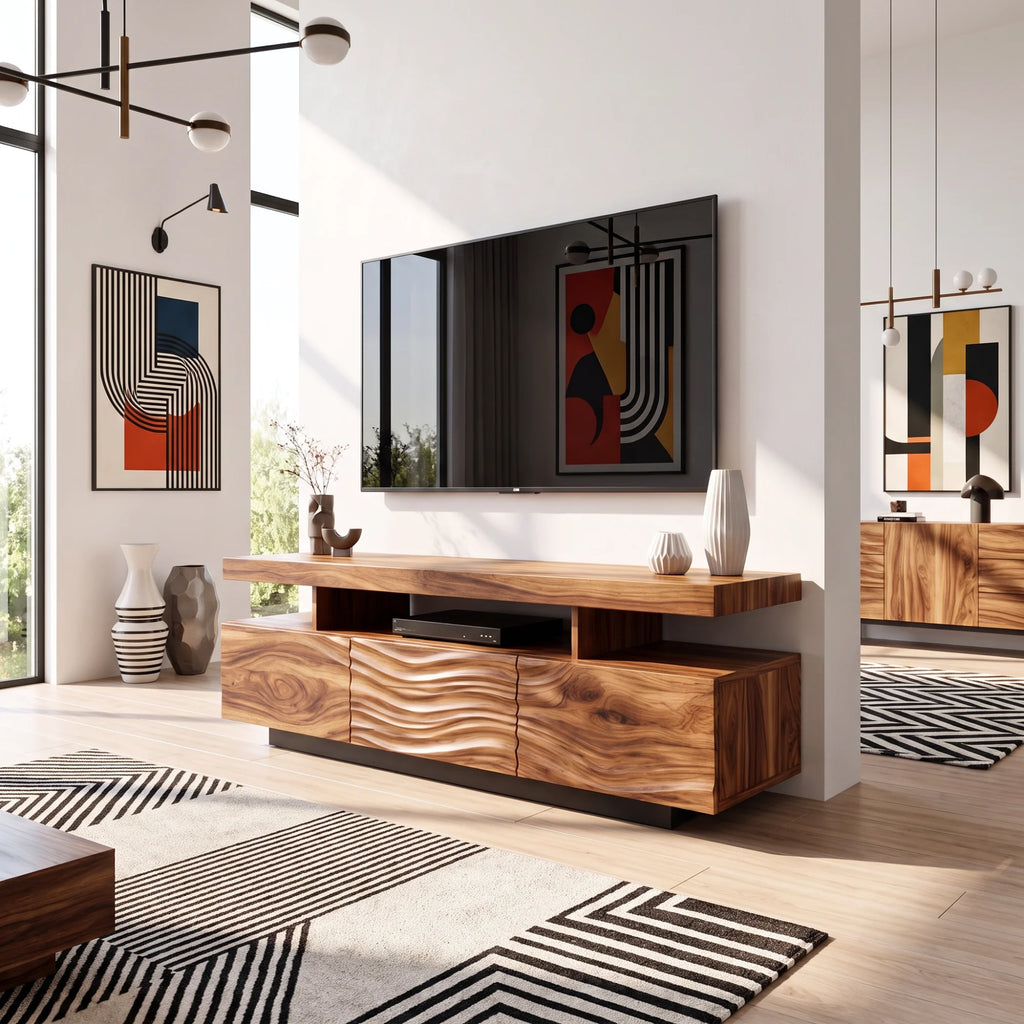 Solid Wood TV Console with Floating Top and Sculpted Wave-Front Cabinet