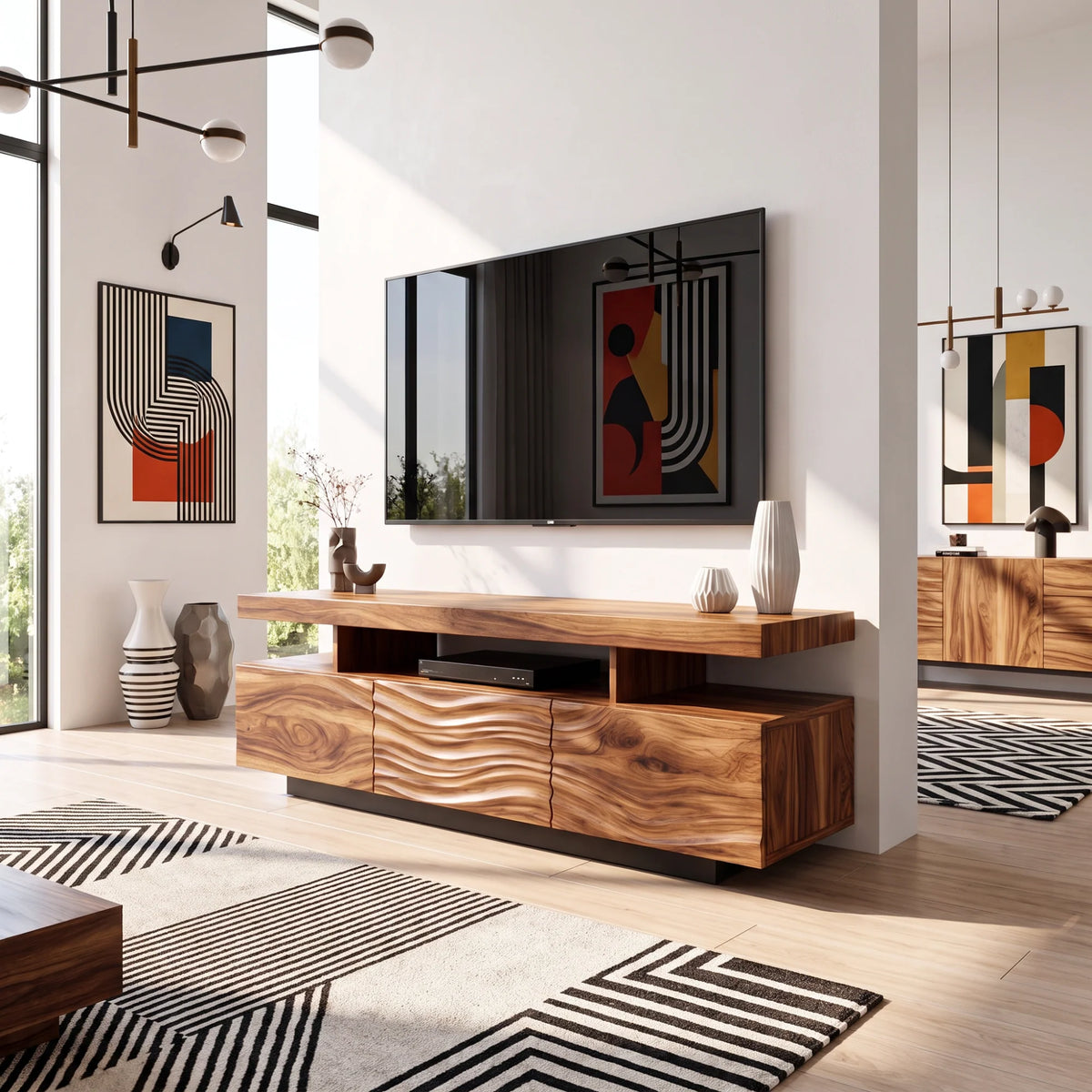 Solid Wood TV Console with Floating Top and Sculpted Wave-Front Cabinet