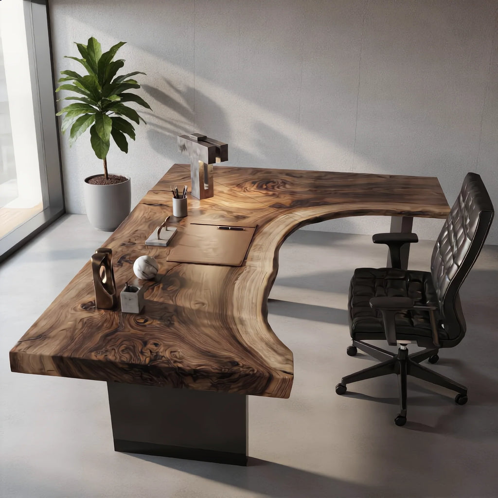 Live Edge Solid Wood Desk with Sculptural Cutout
