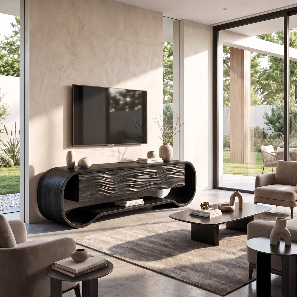 Sculptural Ribbon-Frame Solid Wood TV Console with Wave-Carved Doors