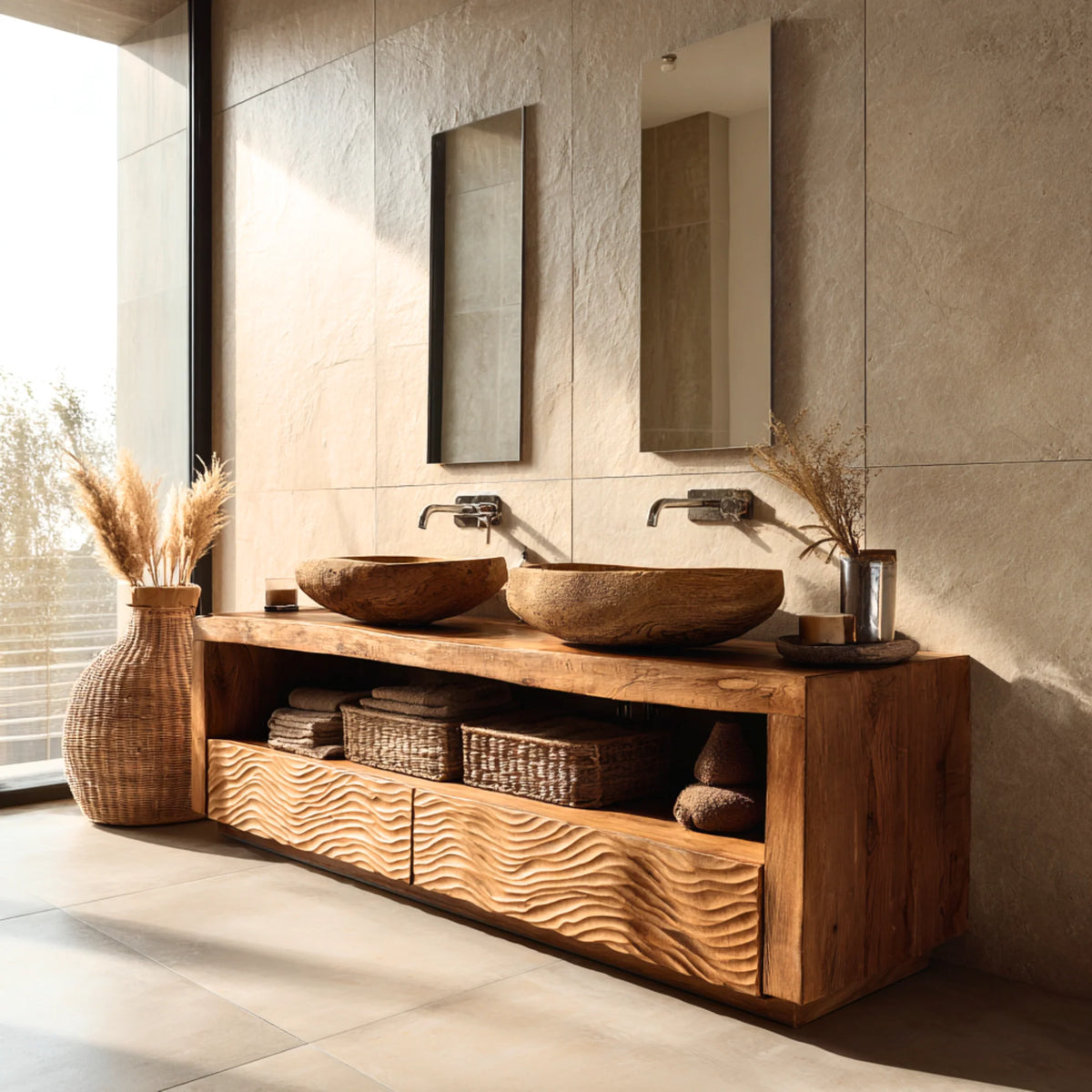 Solid Wood Double Bathroom Vanity with Carved Wave Drawers and Open Shelf Storage