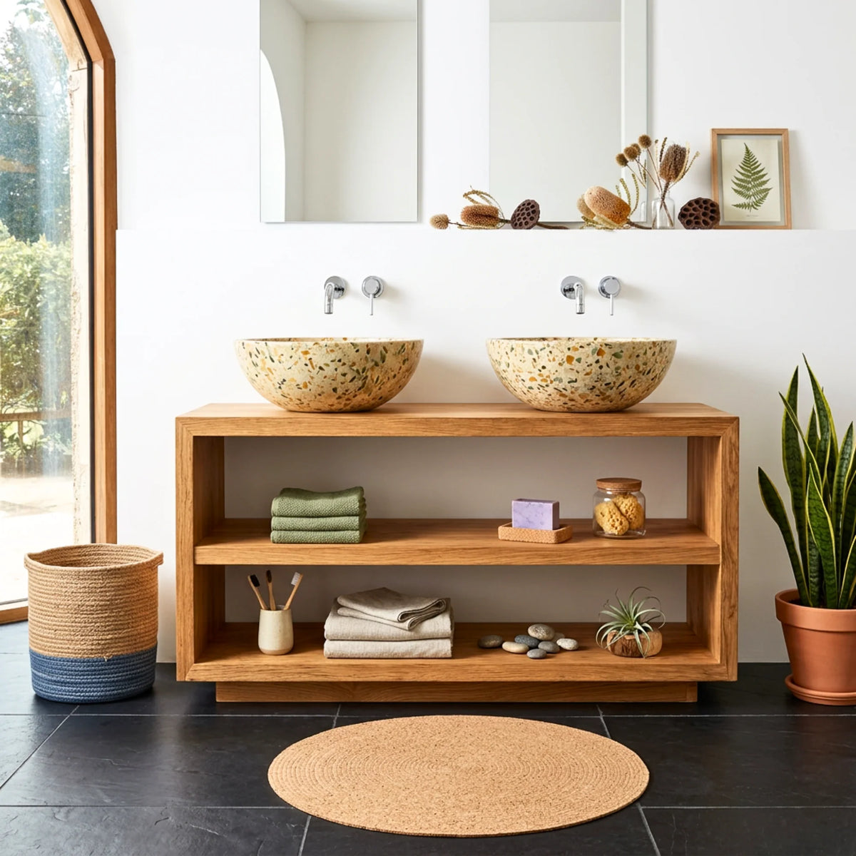 Solid Wood Double Bathroom Vanity with Open Shelf Storage – Modern Wooden Vanity Cabinet