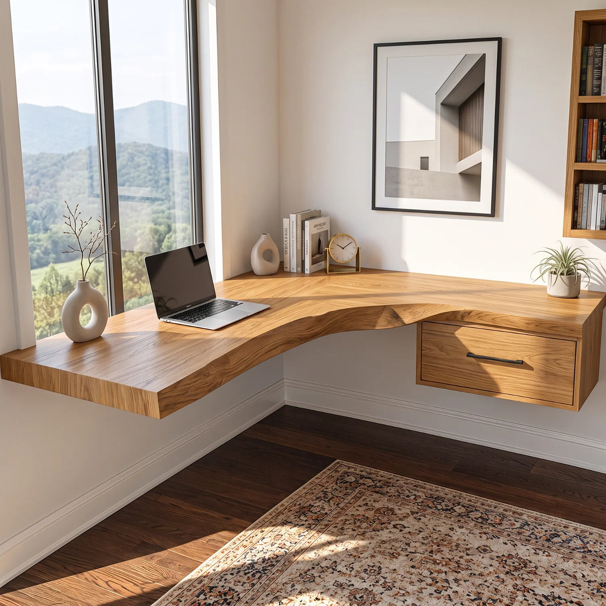 Solid Wood Floating Corner Desk with Live Edge Top and Built-In Drawer – Modern Home Office Desk