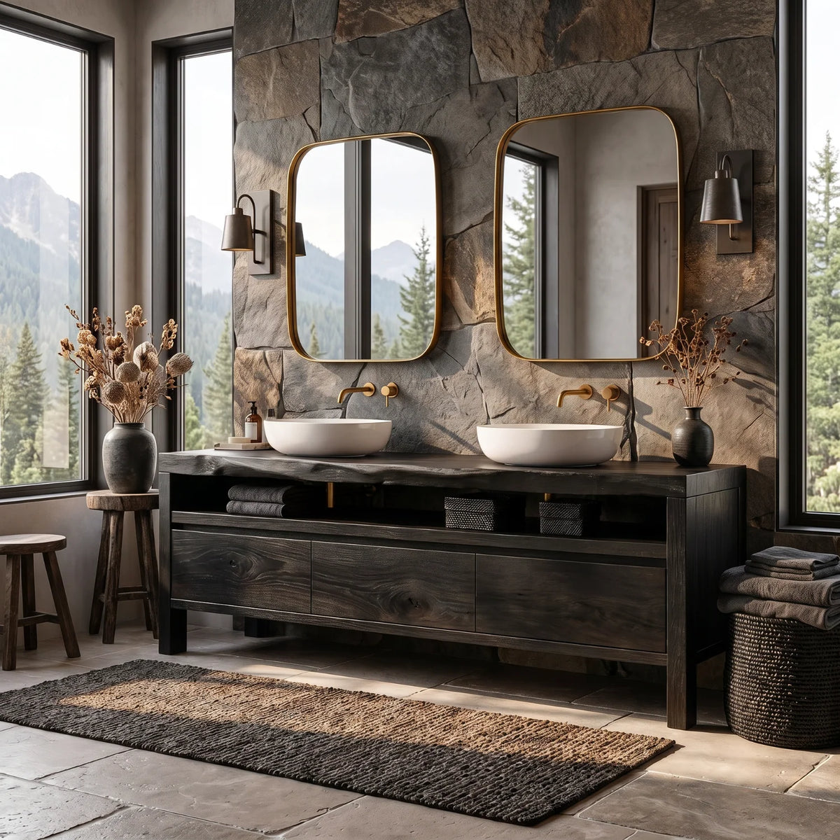 Solid Wood Double Sink Bathroom Vanity with Open Shelf Storage for Rustic Lodge Bathrooms