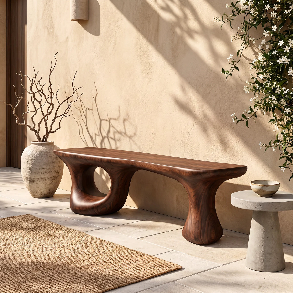 Sculptural Loop – Solid Wood Bench with Pedestal Base and Flowing Live Edge Seat