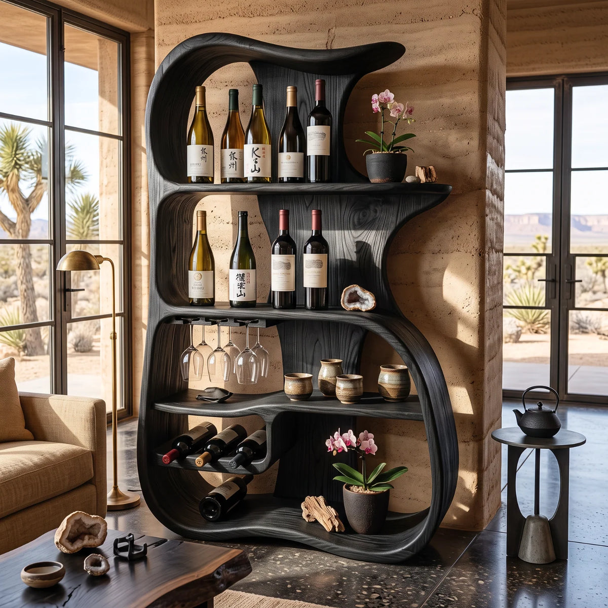 Solid Wood Wine Cabinet with Organic Open Shelves for Dining Room