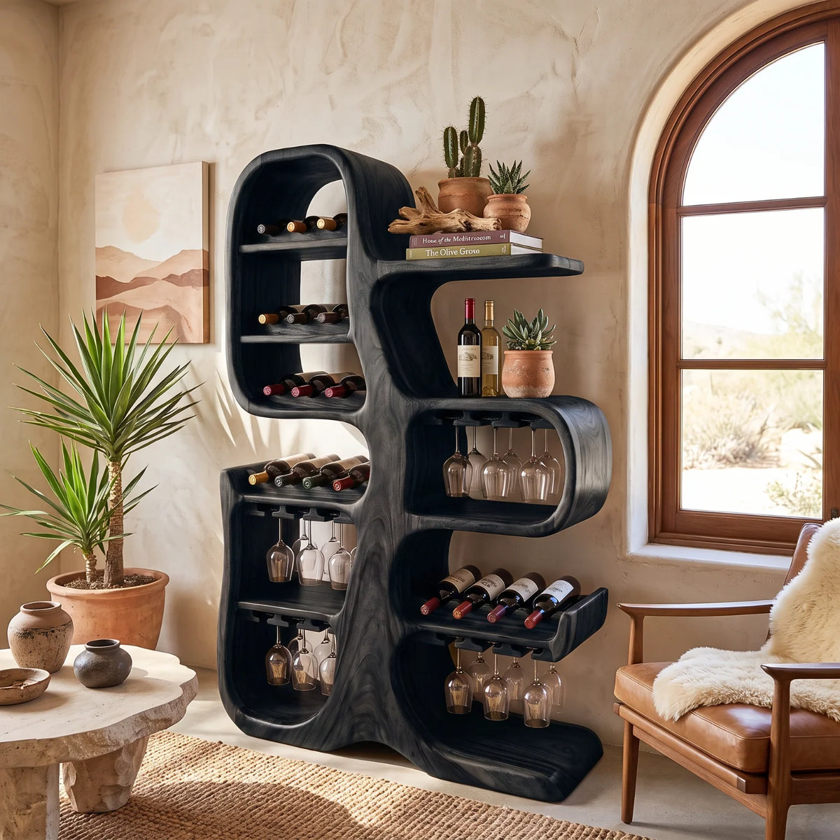 Solid Wood Wine Cabinet with Sculptural Tree-Inspired Design