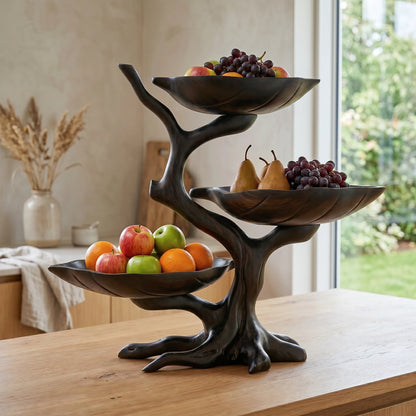 Solid Wood Three-Tier Fruit Display Bowl with Sculptural Branch Pedestal
